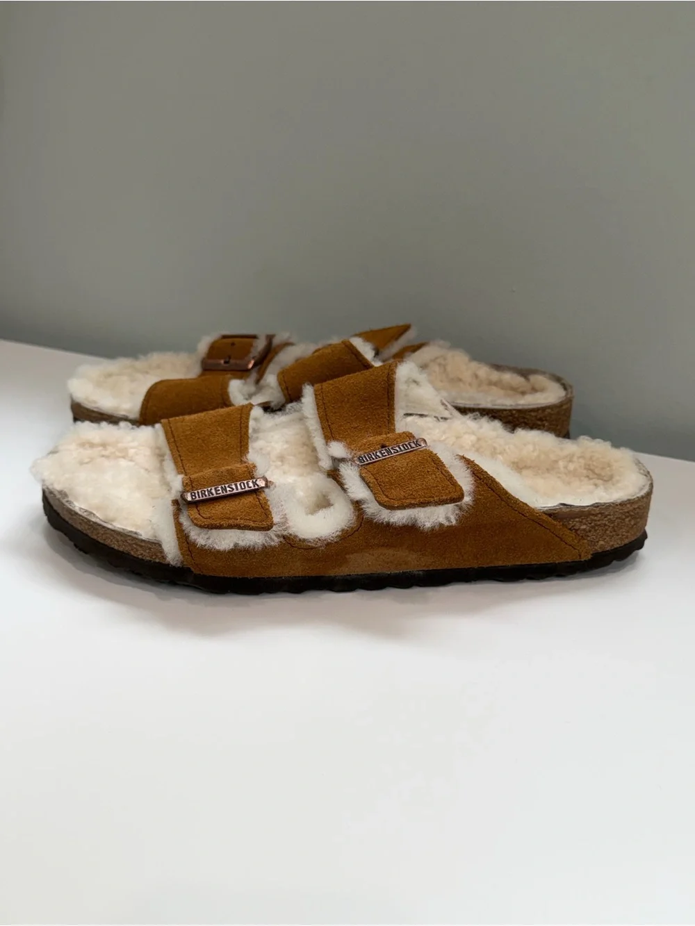Birkenstock Arizona Shearling Fur Lined Suede EU 40 Chestnut Slip On Sandals